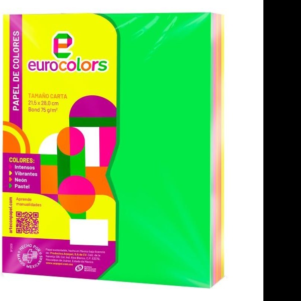 PAPEL BOND FLUOR CTA. MIX NEON EUROCOLORS 75G PAQ.C100H C.25